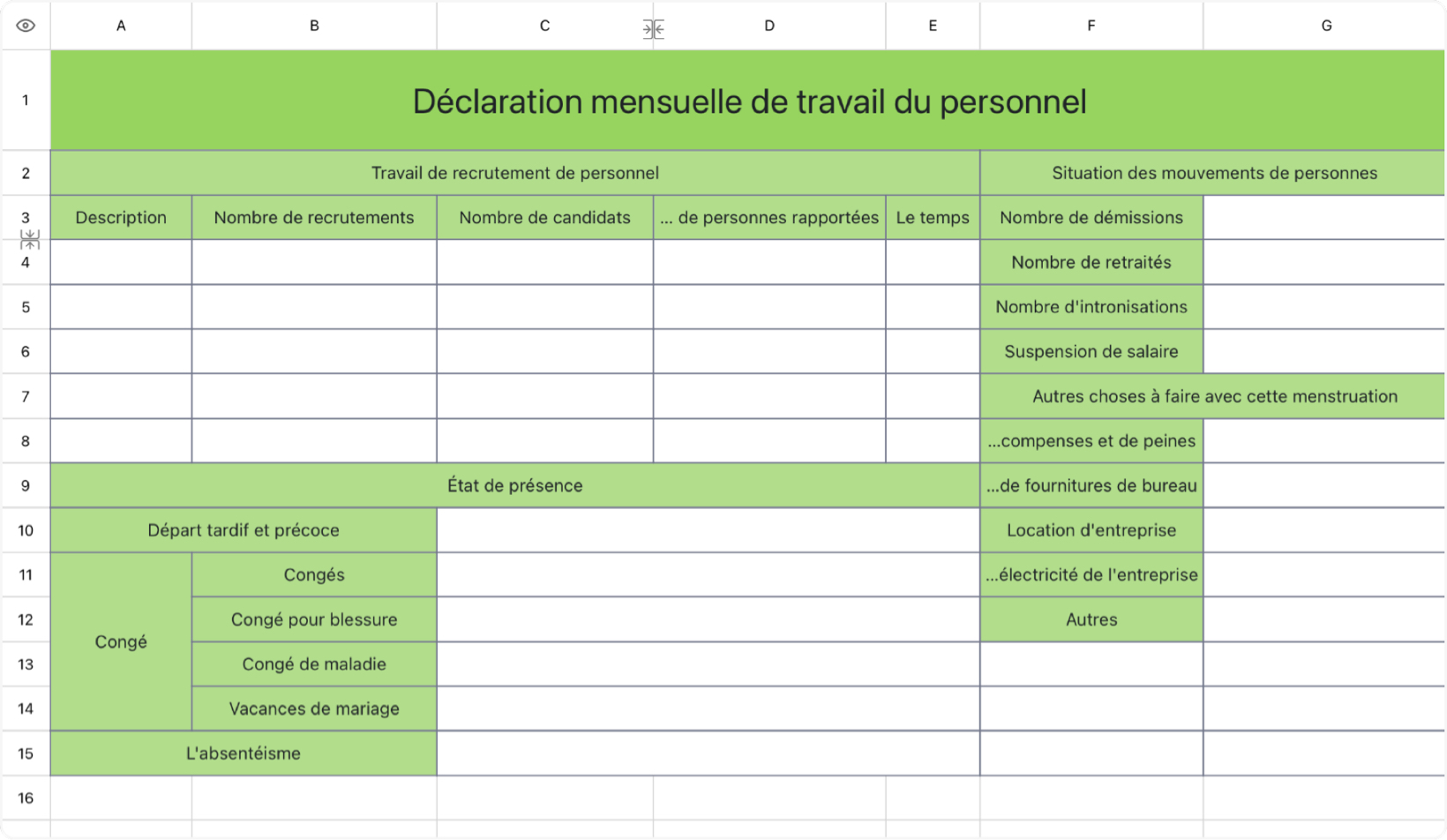 Déclaration mensuelle de travail du personnel